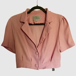 Haute Monde Pink Houndstooth Cropped Short Sleeve Blazer Size Large Office Siren